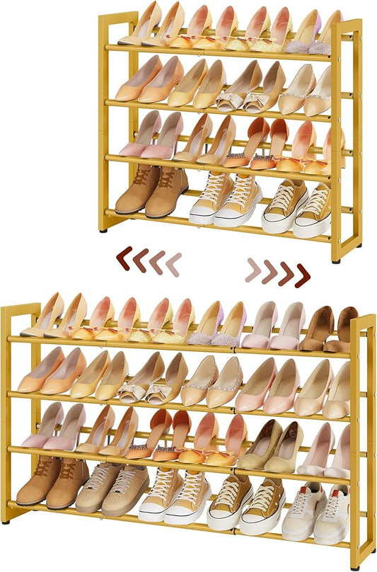 FAVOOSTY 4-Tier Expandable Shoe Rack, Adjustable Shoe Shelf Storage Organizer Space Saving Metal Free Standing Shoe Rack for Entryway Closet Doorway, Gold-NeatNest