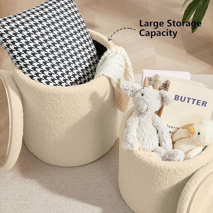 Boucle Round Ottoman with Storage Set of 2,Small Foot Stool Ottoman for Living Room, Small Coffee Table,Vanity Stool with Storage for Bedroom, Beige-NeatNest