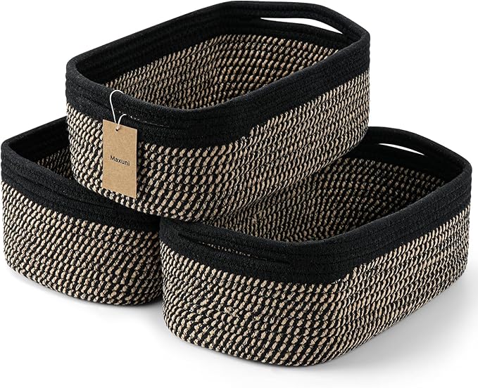 3-Pack Shelf Baskets for Organizing, Closet Organizer Bins, Small Woven Baskets, Rope Toy Basket, Storage Basket for Shelves, Cube Decorative Box, 11.5×7.5×4.7”, Black Brown-NeatNest