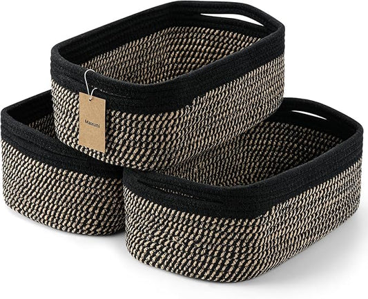 3-Pack Shelf Baskets for Organizing, Closet Organizer Bins, Small Woven Baskets, Rope Toy Basket, Storage Basket for Shelves, Cube Decorative Box, 11.5×7.5×4.7”, Black Brown-NeatNest