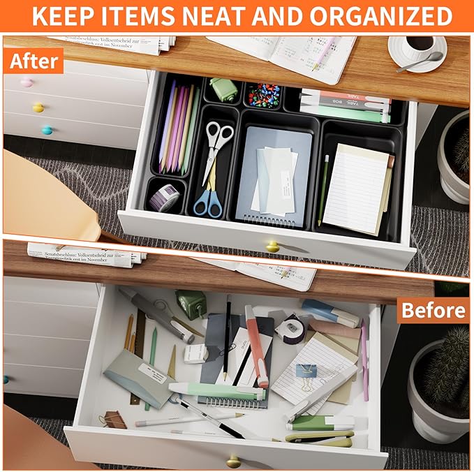 45 Pack Desk Drawer Organizer Tray, 3 Sizes Plastic Drawers Organizer Storage for Kitchen, Bathroom, Office, Vanity, Makeup, Utensils, Junk Drawer Organizer Bins, Gadget Trays for Organizing.-NeatNest