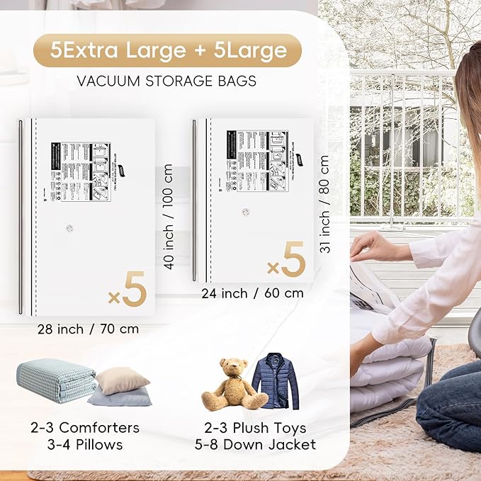 TAILI 10 Pack Vacuum Storage Bags, LONG SIDE ZIP (5 Large+5 Jumbo), Multi-Size Space Saver for Bedding, Blankets, Pillows, Clothes, Vacuum Seal Bags for Clothing Ideal Under Bed Storage Solution,-NeatNest