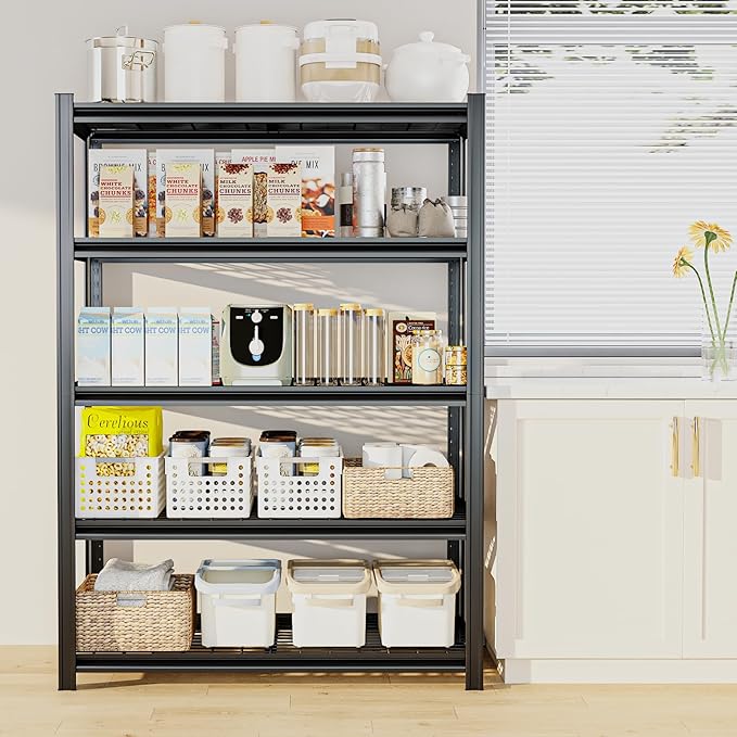 5 Tier Metal Storage Shelves, 3000LBS, 84" H x 55.12" W x 23.62" D, Heavy Duty Garage Shelving, Adjustable Shelving Unit for Warehouse, Basement, Kitchen, Store Display, Flower Stand, Black-NeatNest