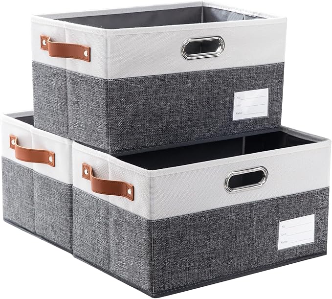 PRANDOM Foldable Storage Bins with Handles [3-Pack] Fabric Collapsible Storage Boxes Baskets Cubes Containers with Handles for Closet Living Room Bedroom (Grey & White 14.9x9.8x8.3'')-NeatNest