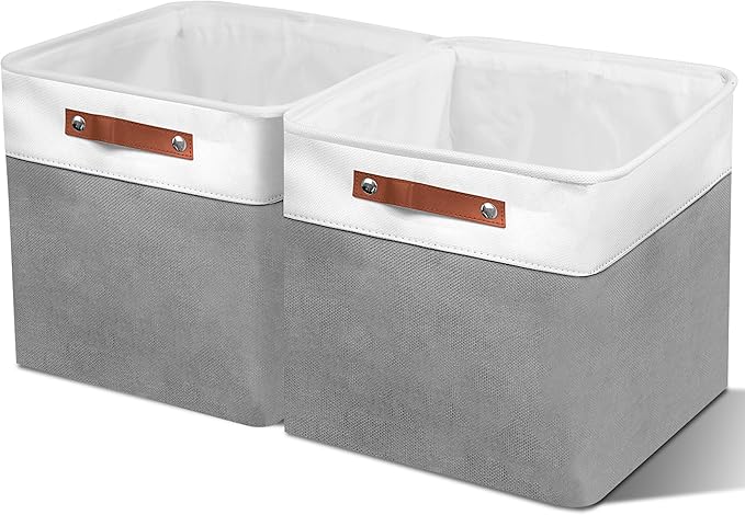 12in Open Fabric Storage Basket with Leather Handles for Organizing, Collapsible Linen Closet Bins for Shelves, Closets, Laundry, Decorative Basket for Gifts. (White＆Gray, 2PCS/12x12in)-NeatNest