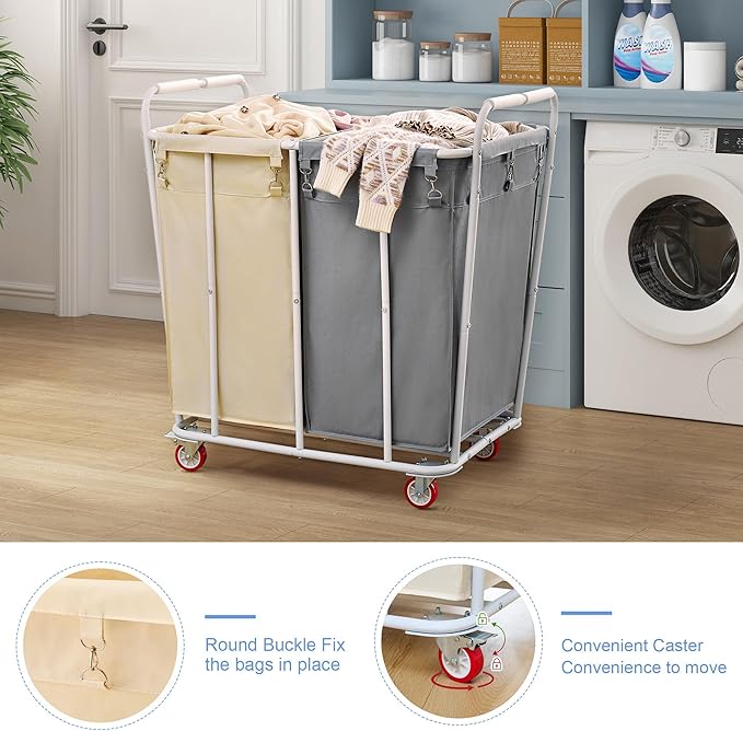 Hoctieon 2 Section Laundry Sorter Cart, 400L Rolling Hamper with Wheels, Industrial Laundry Basket Organizer, Extra Large Dirty Clothes Hamper for Home & Hotel, Heavy Duty, Gray+Beige-NeatNest
