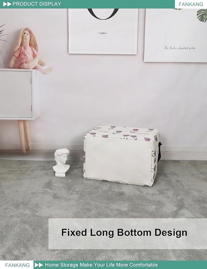 FANKANG Storage Bins, Nursery Hamper Canvas Laundry Basket Foldable with Waterproof PE Coating Large Storage Baskets for Kids Boys and Girls, Office, Bedroom, Clothes,Toys(Rec-tulips