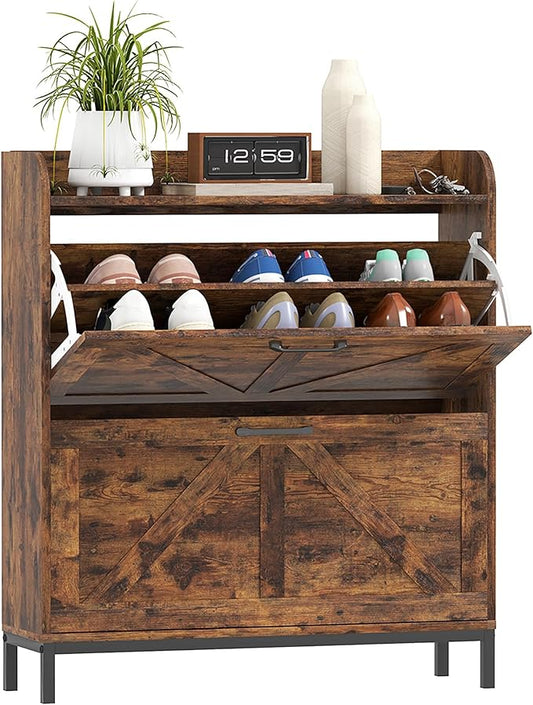 HOMCOM Shoe Storage Cabinet with 2 Flip Drawers, Legs, Farmhouse Freestanding Narrow Shoe Cabinet, Slim Hidden Rack Organizer for Entryway, Hallway, Rustic Brown Wood Grain-NeatNest