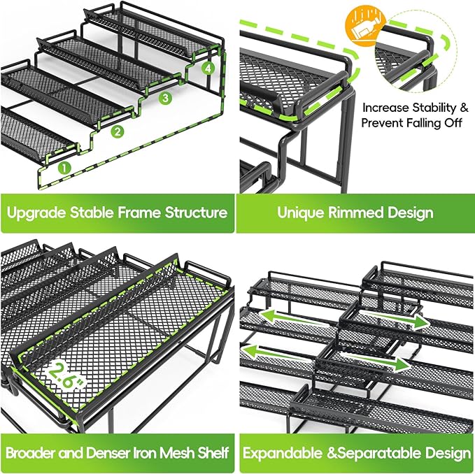4 Tier Spice Rack Organizer for Inside Cabinet Expandable Display Riser Shelf Seasoning Organizer for Countertop Cupboard Pantry Adjustable Step Storage Holder with Protection Railing (Black, 2PC)-NeatNest
