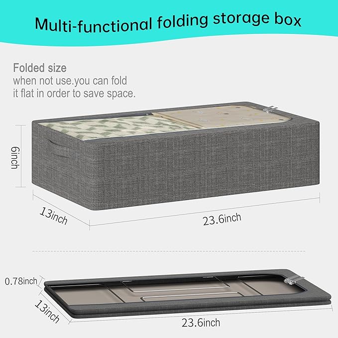 3PCS Under Bed Storage Bins with Metal Frame, Linen Fabric Frame Storage Box Clothes Organizer Bins, Underbed Container with Clear Window (Dark Grey, 15.7 x 13 x 6IN)-NeatNest