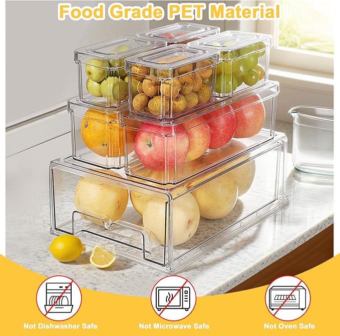 YINGRACE 7 Pack Fridge Organizer Bins, Stackable Refrigerator Organizers and Storage, With a Pull-out Drawer, BPA-Free Clear Containers For Fruit, Vegetable, Drinks