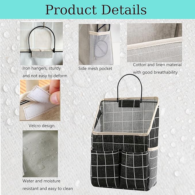 2pcs Wall Hanging Storage Bag,Wall Hanging Organizer Bags with Pockets, Wall Organizer Storage for Dormitory Bathroom Bedroom Kitchen(Black Grid)-NeatNest