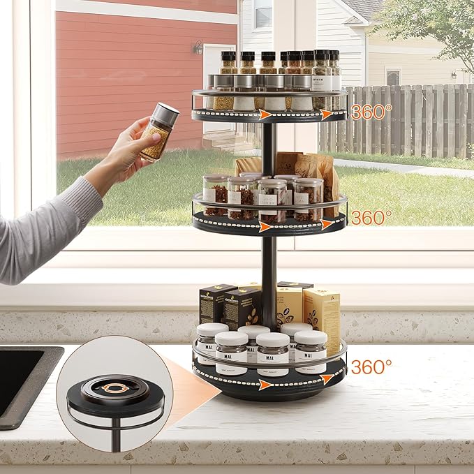 HOOBRO Lazy Susan Organizer, Rotating Spice Rack, 3-Tier Organizer, Turntable Spice Rack, Vertical Storage Organizer, for Kitchen Countertop, Vanity, Dining Table, Black BB09TL01-NeatNest