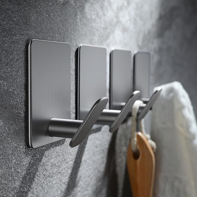 Taozun 4 Pack Sticky Adhesive Hooks - No Damage Wall/Door Hangers for Bathroom Towels, Coats, Purses, Keys - Stainless Steel, Ideal for Dorms & Home, Grey