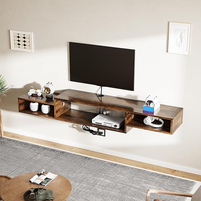 4 EVER WINNER Floating TV Shelf with LED Lights and Power Outlet, 59" TV Stand for Cable Box Audio Video, Floating Entertainment Center for Living Room, Bedroom, Rustic Brown-NeatNest