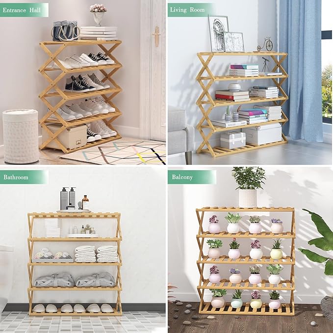 5 Tier Bamboo Shoe Rack,Portable Folding Shoe Storage Rack,Without Installation Small Shoe Rack Perfect for Corridors, Bedrooms and Small Spaces (5 Tier)-NeatNest