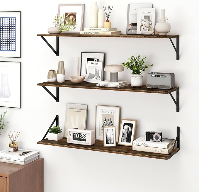 Fun Memories Deep Floating Shelves for Wall, 36W x 8D Wall Mounted Shelves Set of 2, Wide Display Ledge Shelf with Sturdy Metal Brackets for Living Room, Bathroom, Bedroom and Kitchen, Rustic Brown-NeatNest