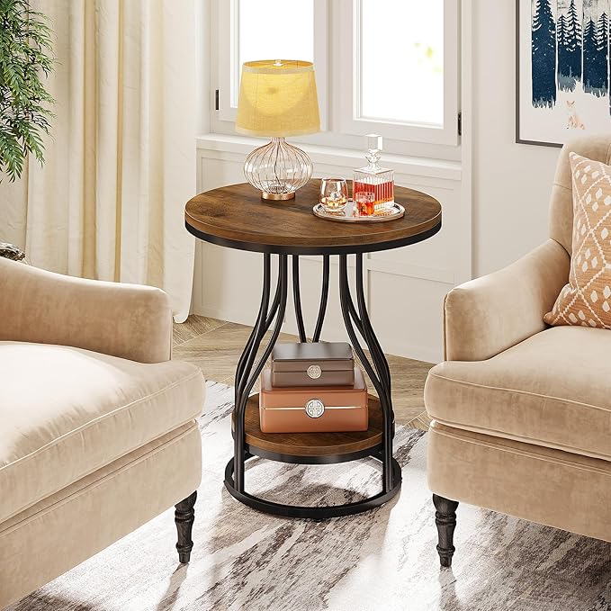 Tribesigns Round Side End Table 2-Tier End Tables Modern Bedside Table Small Chirside Tables with Storage for Couch Side, Nightstand with Metal Frame for Living Room (1, Brown+Black)