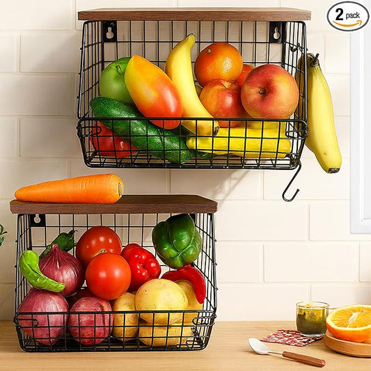 2-Pack Hanging Fruit Basket for Kitchen, Wall Mounted Metal Wire Storage Bins w/Wood Lid, Banana Hook, Stackable Vegetable Organiser for Countertop Pantry Produce Fruits Onion and Potato