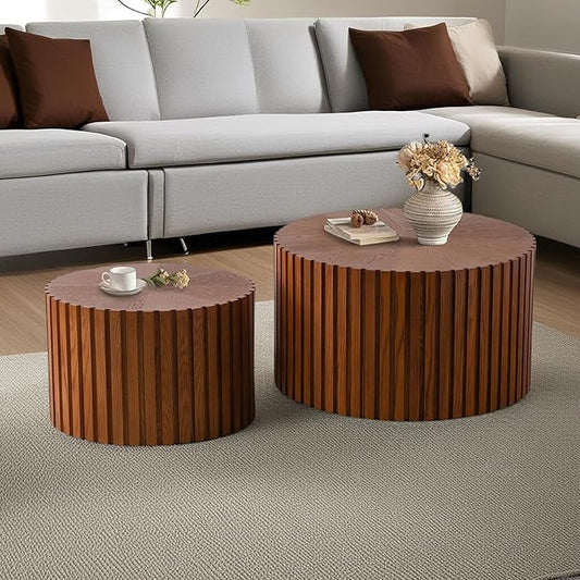 Modern Round Nesting Coffee Table Set of 2, Vertical Stripe Design Drum Coffee Table Cocktail Table, Round Side Table for Living Room, Bedroom, Office, Balcony (J15.0+18.9")