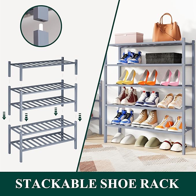 Smiry Shoe Rack, 2 Tier Bamboo Shoe Organizer, Stackable Free Standing Wooden Shoe Storage Shelf for Closet, Entryway, Front Door Entrance, Grey-NeatNest