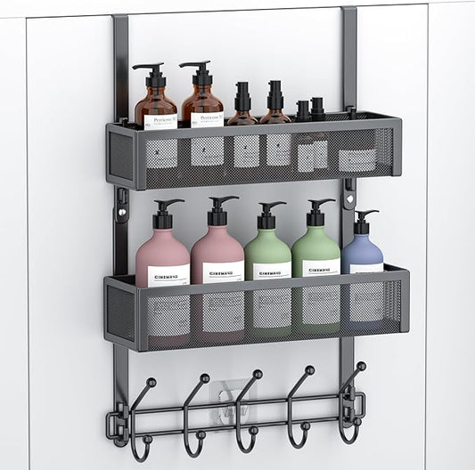 Adjustable Over The Door Hooks Organizer, Door Hanger Coat Rack with 2 Mesh Baskets and 10 Hooks, Back of Door Storage Organizer for Bedroom,Bathroom,Kitchen (Black)