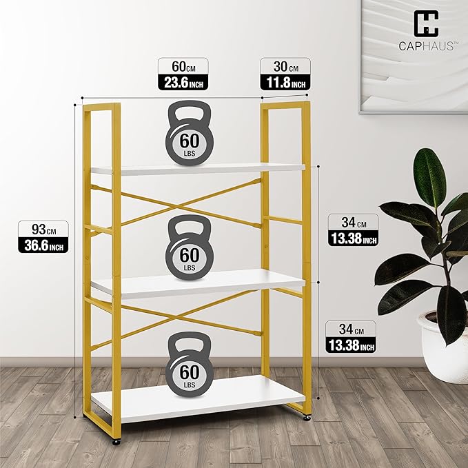 CAPHAUS 3 Tier Small Bookshelf, 24 Inch Width Free Standing Shelf, Bookcase Shelf Storage Organizer, Industrial Book Shelves for Home Office, Living Room, White Wooden Shelves & Gold Frame-NeatNest