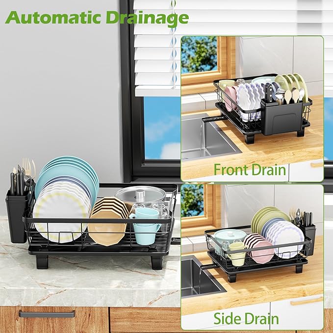 Small Dish Drying Rack, Space Saving Dish Racks for Kitchen Counter, Kitchen Organizer Dish Drainer with Cutlery Holder for Spoons and Forks, 11''W x 15''L, Black
