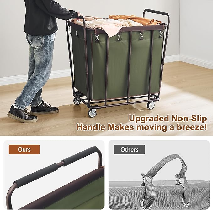 Hoctieon Large Laundry Cart with Wheels, 400L Heavy Duty Laundry Basket Organizer, Rolling Hamper Sorter for Clothes Storage, Industrial Dirty Clothes Hamper for Home & Hotel, Green+Brown-NeatNest
