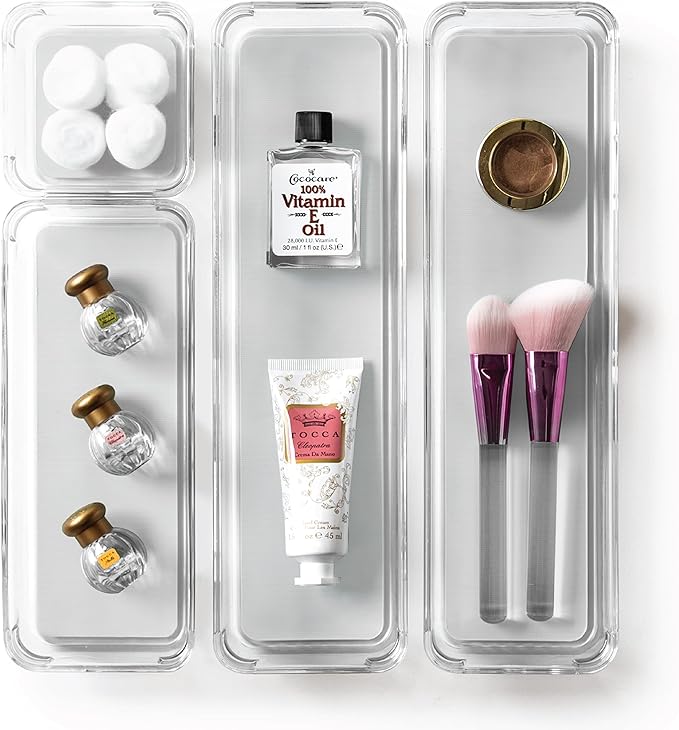 BINO | 4-Piece Drawer Organizer Bin Set - Grey, Small | THE MODULAR+ | Multi-Purpose Storage | Soft-Grip Lining and Non-Slip Rubber Feet | Durable | BPA-Free | Desk Drawer Organizer | Vanity-NeatNest