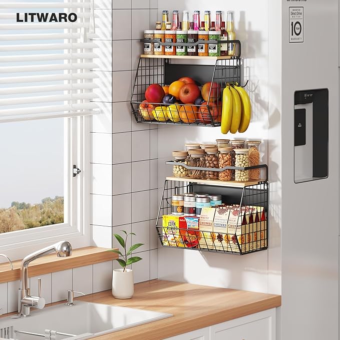 Magnetic Shelf for Fridge with Wider & Thicker Magnet, 1 Pack Refrigerator Organizer Storage Basket for Fruit, Onion, Potato, Spice Rack, Kitchen, Laundry, Pantry (Black, 13.77" x 6.77" x 11.81")