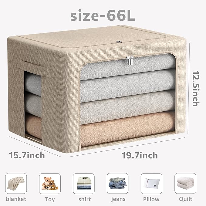 2 Pack Clear Window Storage Bins Large Foldable Fabric Storage Bins Boxes for Clothes Stackable Box Organizer Set with Carrying Handles (Beige, 19.7x 15.7x 12.5 Inch)-NeatNest