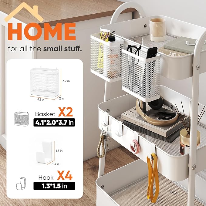 Sekey 3 Tier Rolling Cart Metal, Easy Install Utility Cart on Wheels, Hanging Cups & Hooks, Heavy Duty Storage Cart with Lockable Wheels for Baby Nursery, Bathroom, Kitchen, Laundry Room, White
