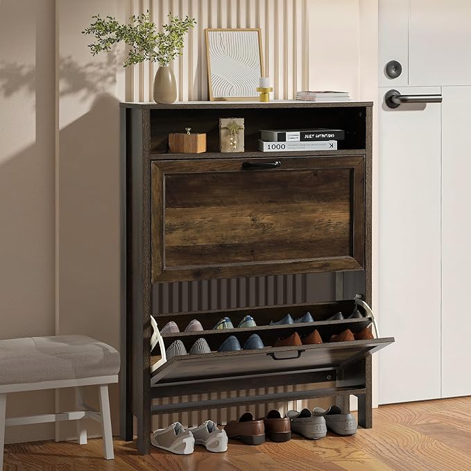 Shoe Cabinet with 2 Flip Drawers, Narrow Shoe Storage Cabinet, Freestanding Shoe Cabinet Organizer, Hidden Shoe Rack Cabinet for Entryway, Hallway (2-Drawers, Brown/2-drawers)-NeatNest