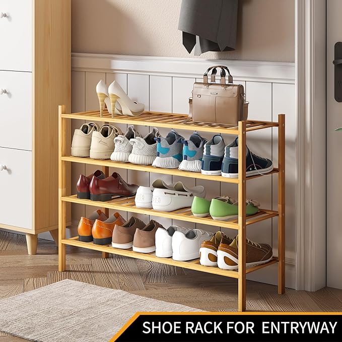 Long Shoe Rack, 4-Tier Bamboo Stackable Shoe Shelf Storage Organizer, Shoe Stand for Closet, Entryway and Hallway-NeatNest