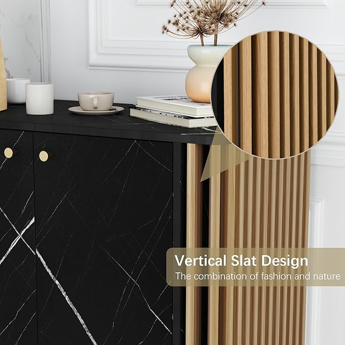 Fluted Storage Cabinet, Modern Marble Texture Accent Buffet Cabinet with Fluted Wood Strips, Side Cabinets with 2 Doors & Adjustable Partitions for Kitchen, Living Room, Black