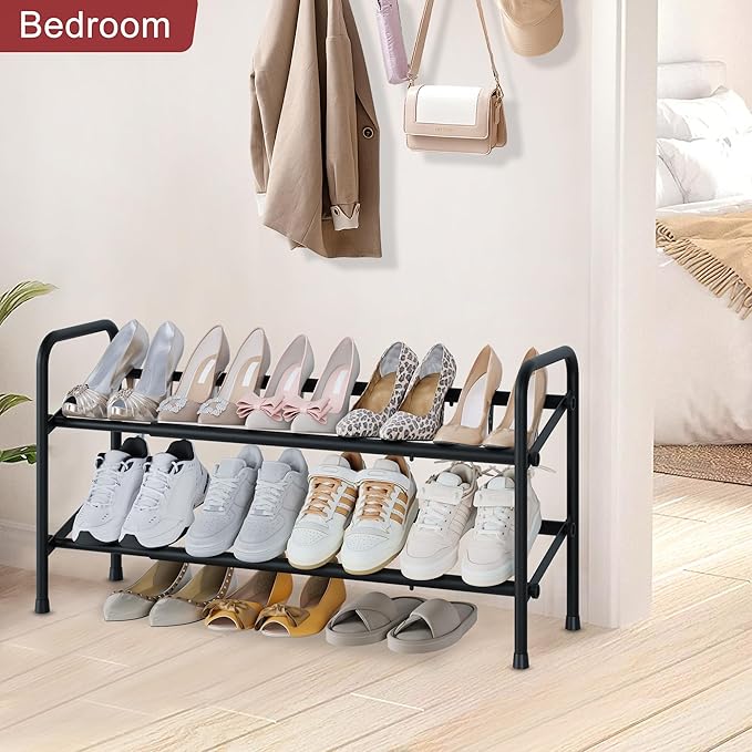 Housen Solutions 2 Tier Expandable Shoe Rack for Closet, Adjustable Shoe Shelf Storage Organizer for Small Space,Heavy Duty Metal Free Standing Shoe Rack for Entryway Closet, Black-NeatNest
