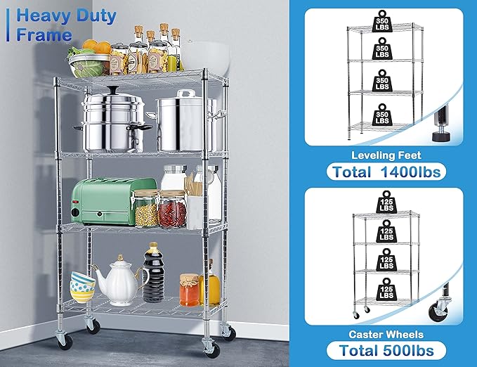 4-Tier Metal Wire Shelving Unit Kitchen Shelf Organizer Height Adjustable Storage Rack Utility Snack Shelf, NSF Certified Storage Shelves for Laundry Bathroom Kitchen Pantry Organization