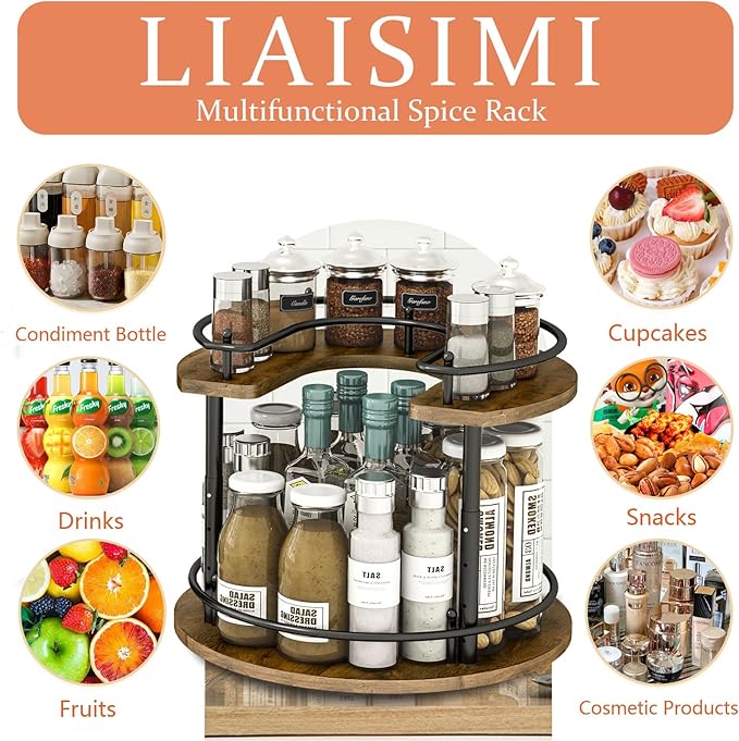 2 Tier Lazy Susan Organizer,2-Tier Spinning Spice Rack with Stable Carousel Base & 4 Height Settings for Cupboard Kitchen Countertop Dining Table Cupboard (Round)-NeatNest
