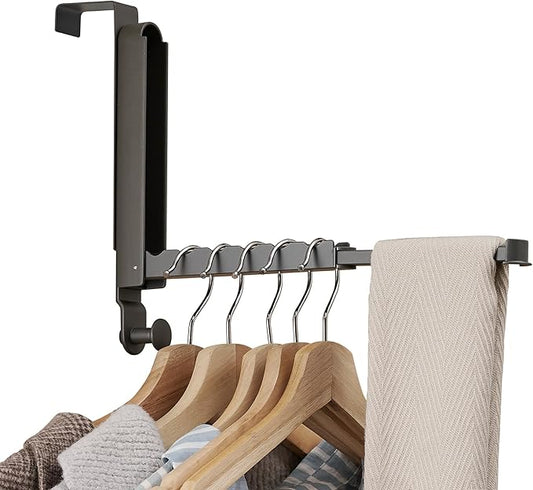 Over The Door Hooks Hanger Fit Door up to 1 3/4" Optimal 1pc,Over The Door Hanger with Retractable Rod,Foldable Over The Door Drying Rack for Laundry Bathroom Bedroom (Space Grey, 1 Pack)
