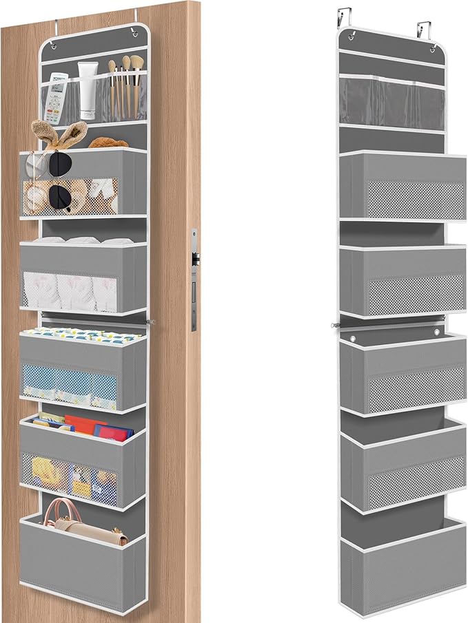 6-Tier Over The Door Organizer, Hanging Storage Organizer with Clear Window, 40lb Ultra Sturdy Large Capacity Room Organizer for Pantry Bathroom Nursery Closet Baby Essential (Grey)-NeatNest