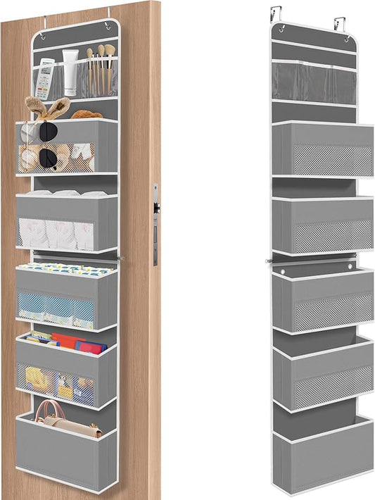 6-Tier Over The Door Organizer, Hanging Storage Organizer with Clear Window, 40lb Ultra Sturdy Large Capacity Room Organizer for Pantry Bathroom Nursery Closet Baby Essential (Grey)-NeatNest