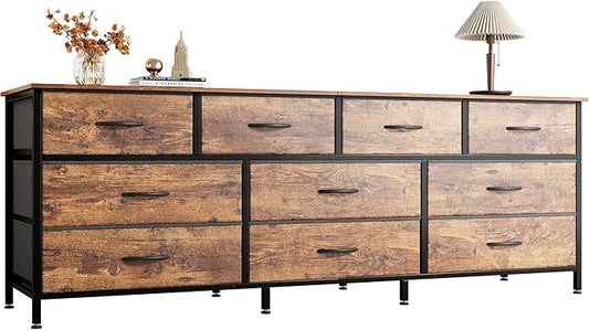 Huuger 63 Inch Dresser for Bedroom, Long Dresser with 10 Fabric Drawers, TV Stand for 55, 65, 70 Inch TV, Toy Storage Organizer for Closet, Rustic Brown-NeatNest