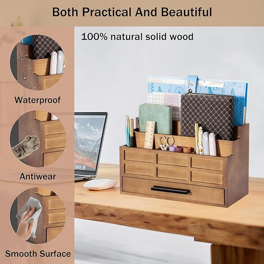 Brown Wood Desk Organizer and Accessories with Drawer, Bill Mail Organizer and File Mail Holder for Office Supplies, Rustic Desk Accessories & Workspace Organizers-NeatNest