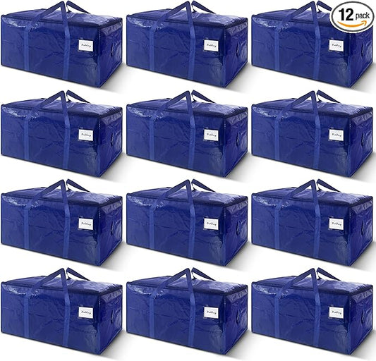 12 Pack Extra Heavy Duty Large Moving Bags with Strong Zipper & Carrying Handles, Sturdy Clothes Storage Bag Totes Bins, Packing Bags Moving Boxes College Moving Supplies, Dark Blue - 33 gal-NeatNest