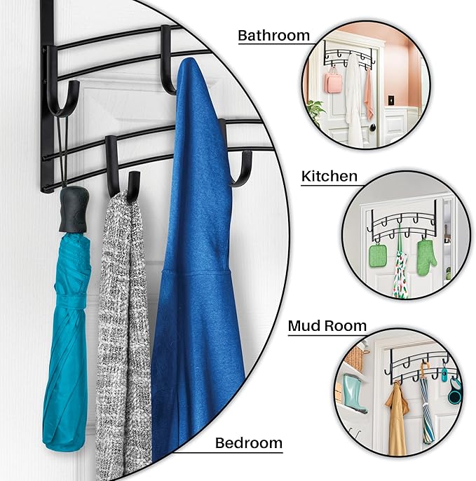 LYNK Professional® Home™ Over Door Hooks Rack - 9 Hook Over Door Hanger - Over Door Towel Rack - Hanging Towels or Clothes - Bathroom, Bedroom or Laundry Room - Lifetime Ltd. Warranty - Black