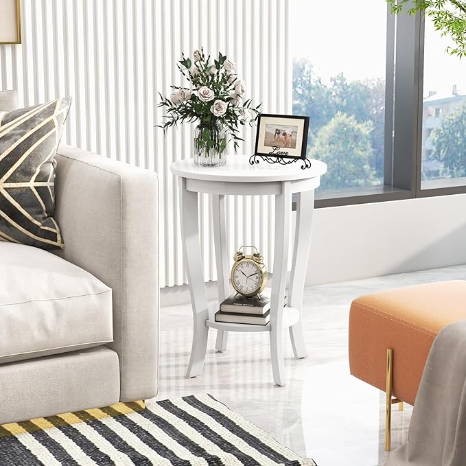 GOFLAME 2-Tier Round End Table, 18” Sofa Side Table with Storage Shelf, Floor Tea Table with Solid Wood Legs, Compact Nightstand for Small Space, Living Room, Bedroom, White