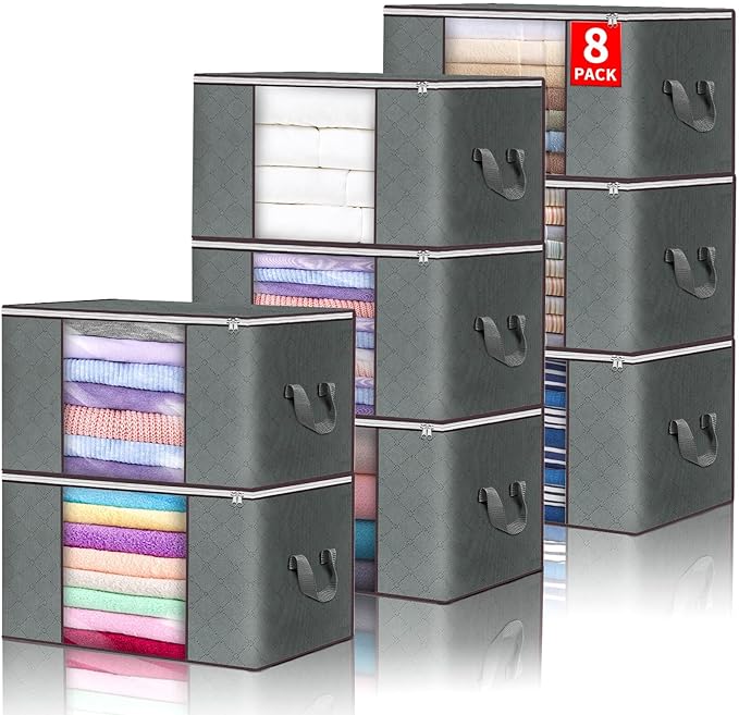Budding Joy Clothes Storage, Foldable Large Storage Bags, Storage and Organization for Clothing, Blanket, Comforter, Clothes, Pillows, Toys, Closet Organizers with Enhanced Handle, 60L 8 Pack-NeatNest