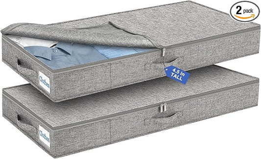 Cirhy Under Bed Storage Containers, 4.5 Inch Tall Low Profile Under Bed Storage with Sturdy Sidewalls & Bottom, UnderBed Storage for Clothes,Shoes, Pillow, Blankets Organizer, 2 Pack Grey-NeatNest