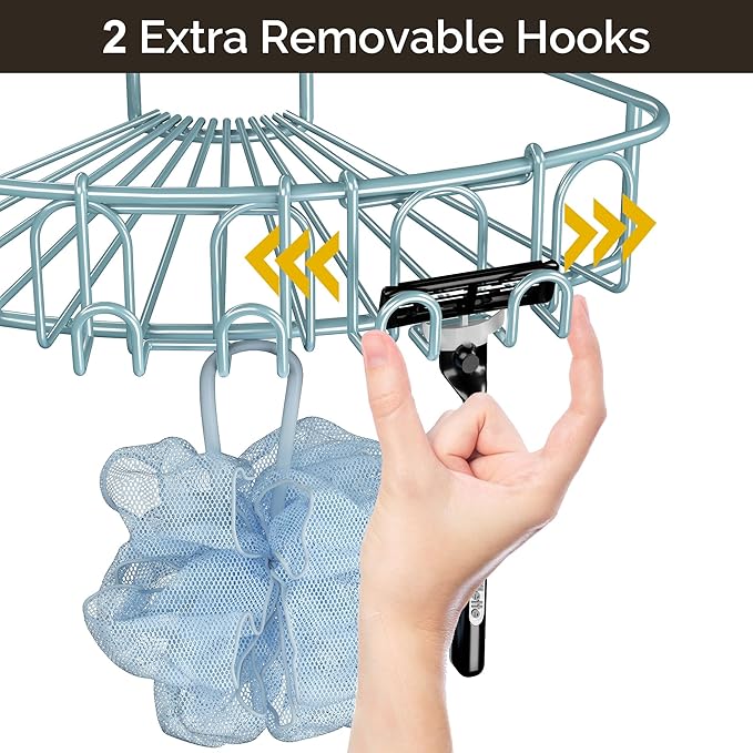 Orimade Corner Shower Caddy with 2 Hooks Wall Mounted Metal Bathroom Shelf Storage Organizer Adhesive No Drilling 2 Pack, Blue Only for 90-Degree Corner